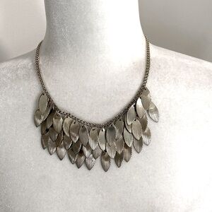 Pewter Silver Leaf Textured Layered Statement Necklace Bohemian Whimsical Fun